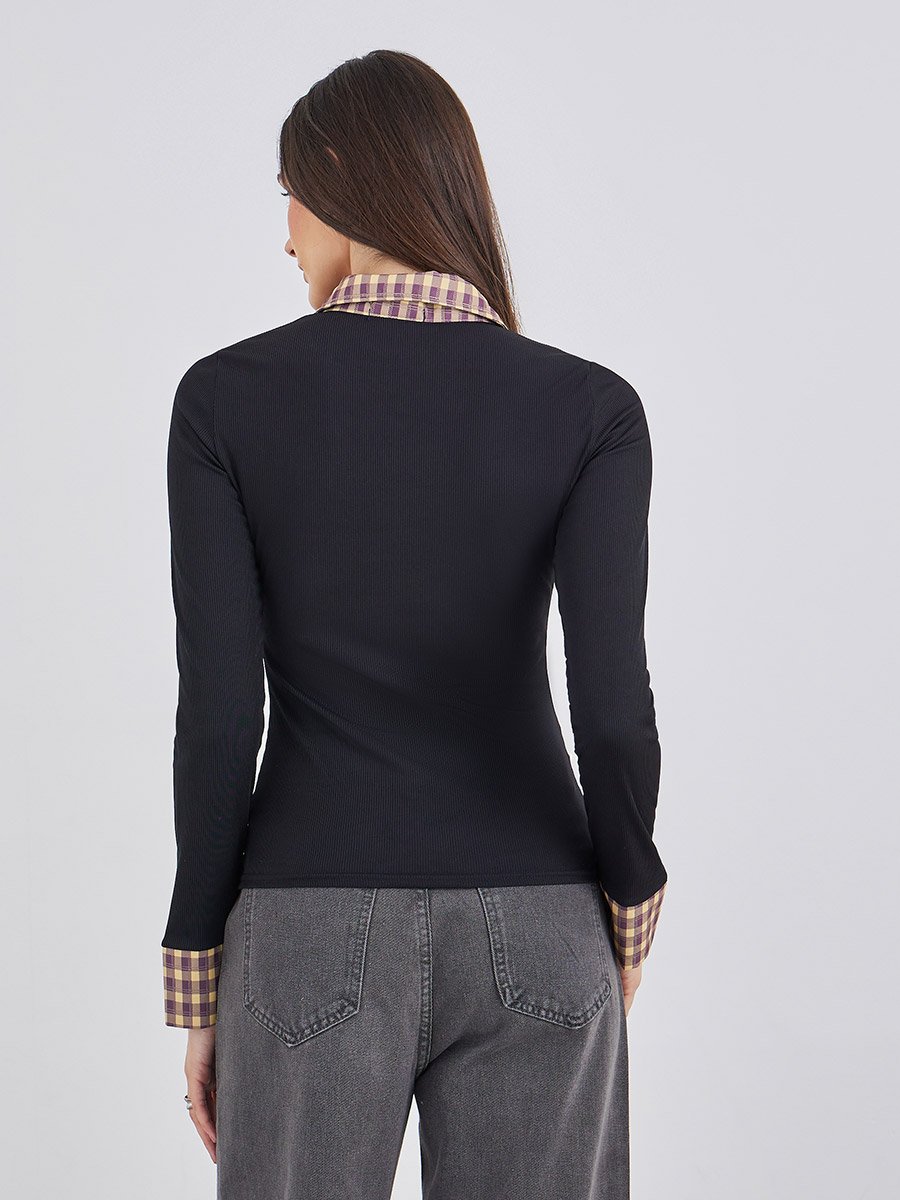 Checked Contrast Collar Long Sleeve Knit Top