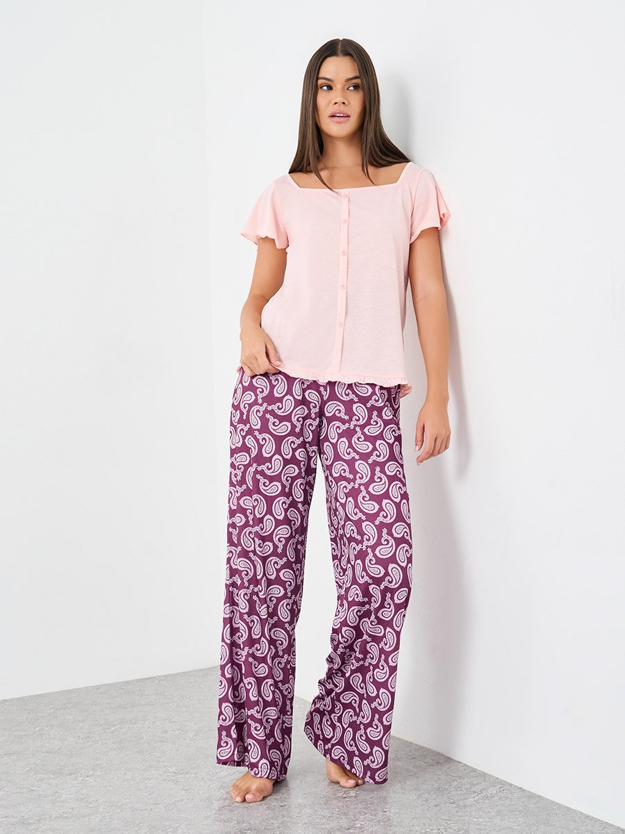 Square Neck Lettuce Hem Top and Paisley Print Pyjama Set