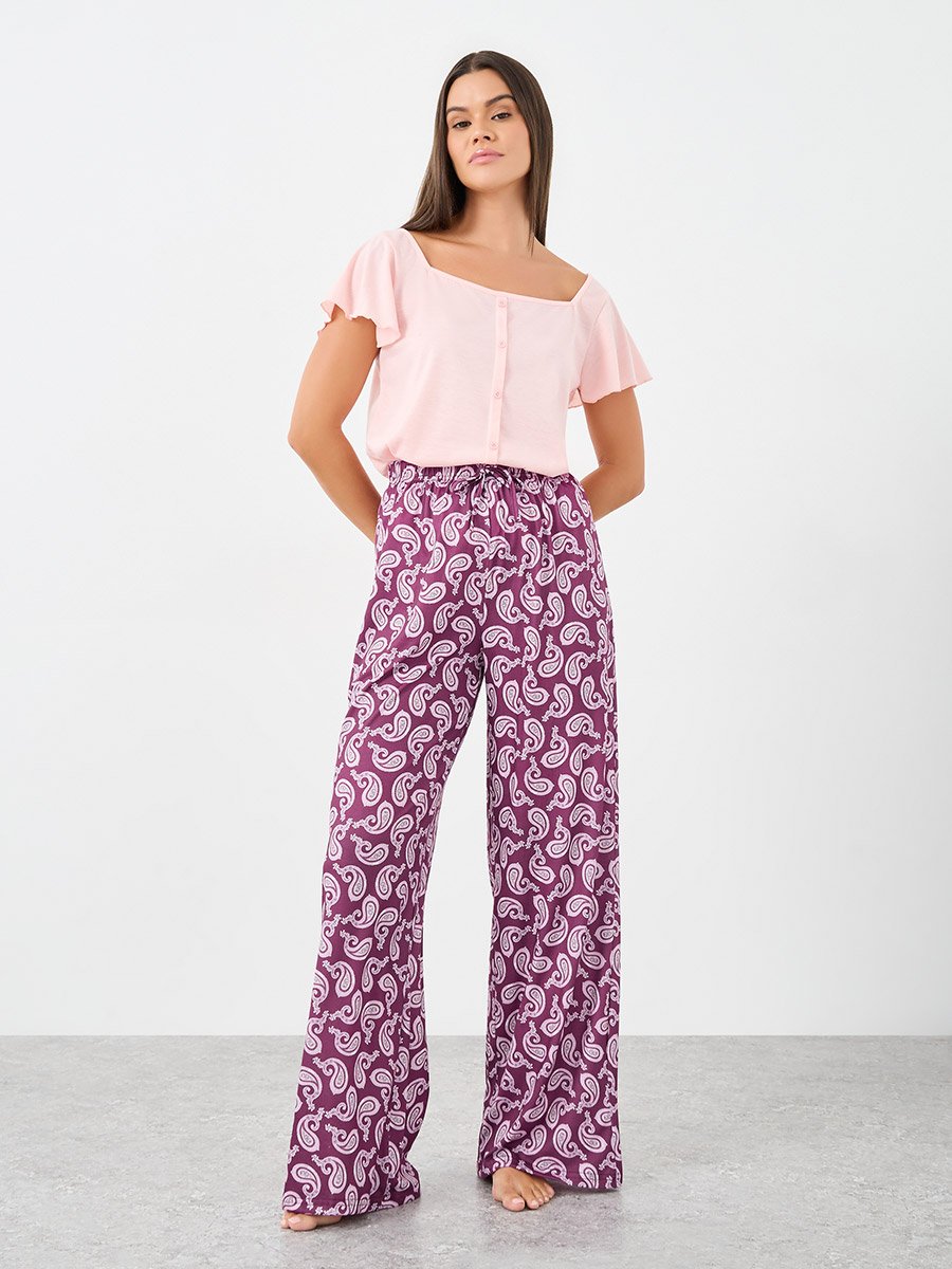 Square Neck Lettuce Hem Top and Paisley Print Pyjama Set