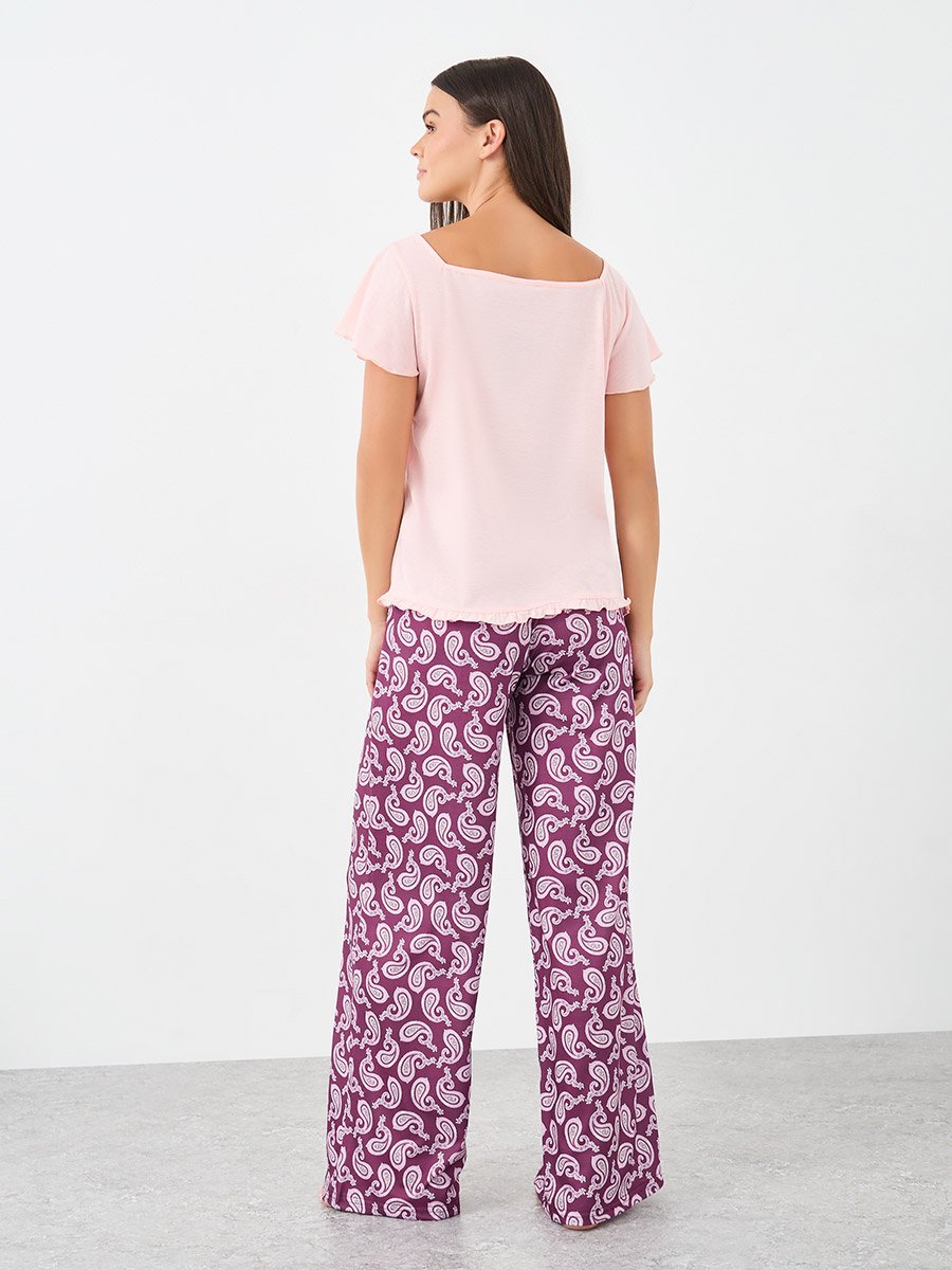 Square Neck Lettuce Hem Top and Paisley Print Pyjama Set
