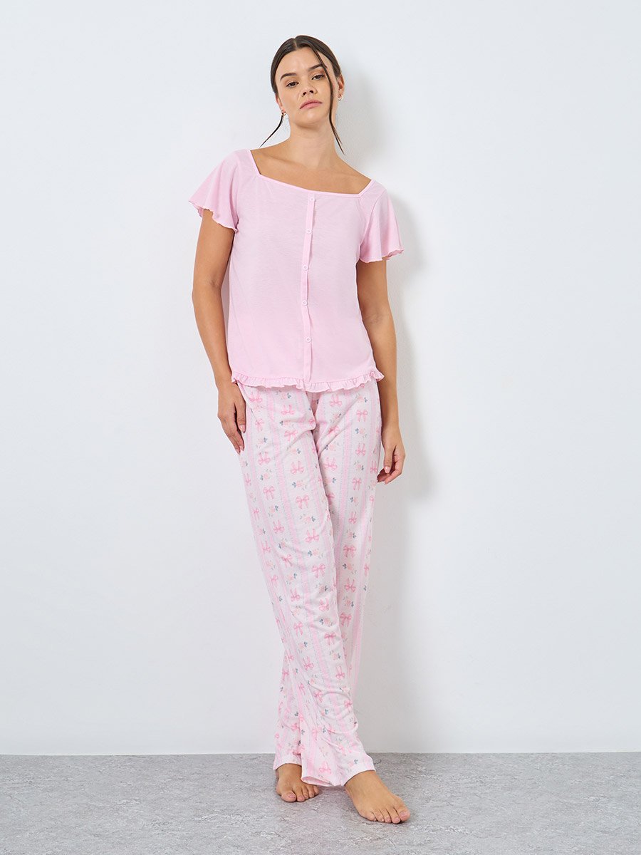 Button Through Lettuce Hem Top and Bow Print Pyjama Set