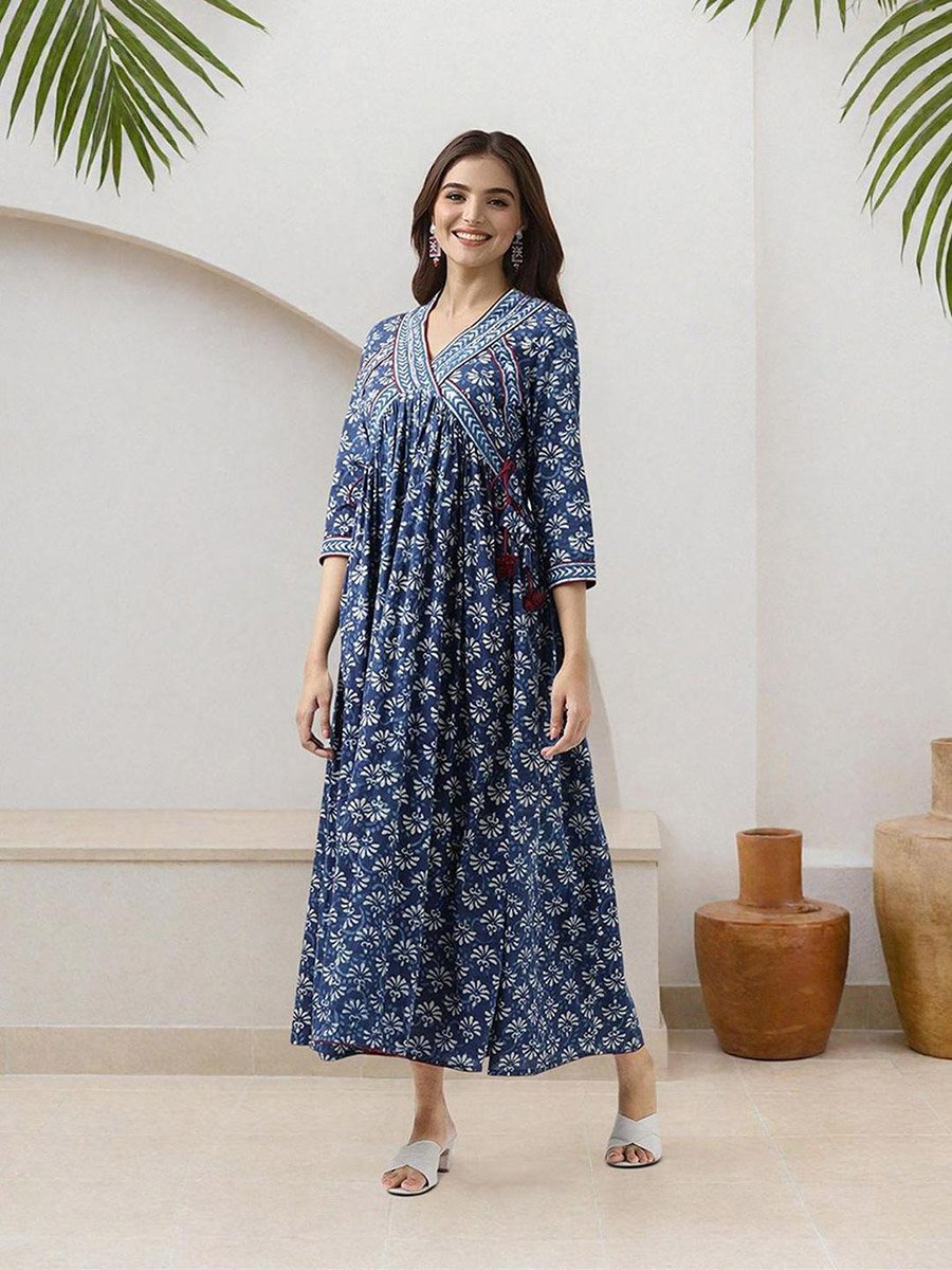 princess polly baby blue dress LORYN® V-Neck Ruffle Maxi Dress — Short Sleeve A-Line Cotton Dress for Women main image 1