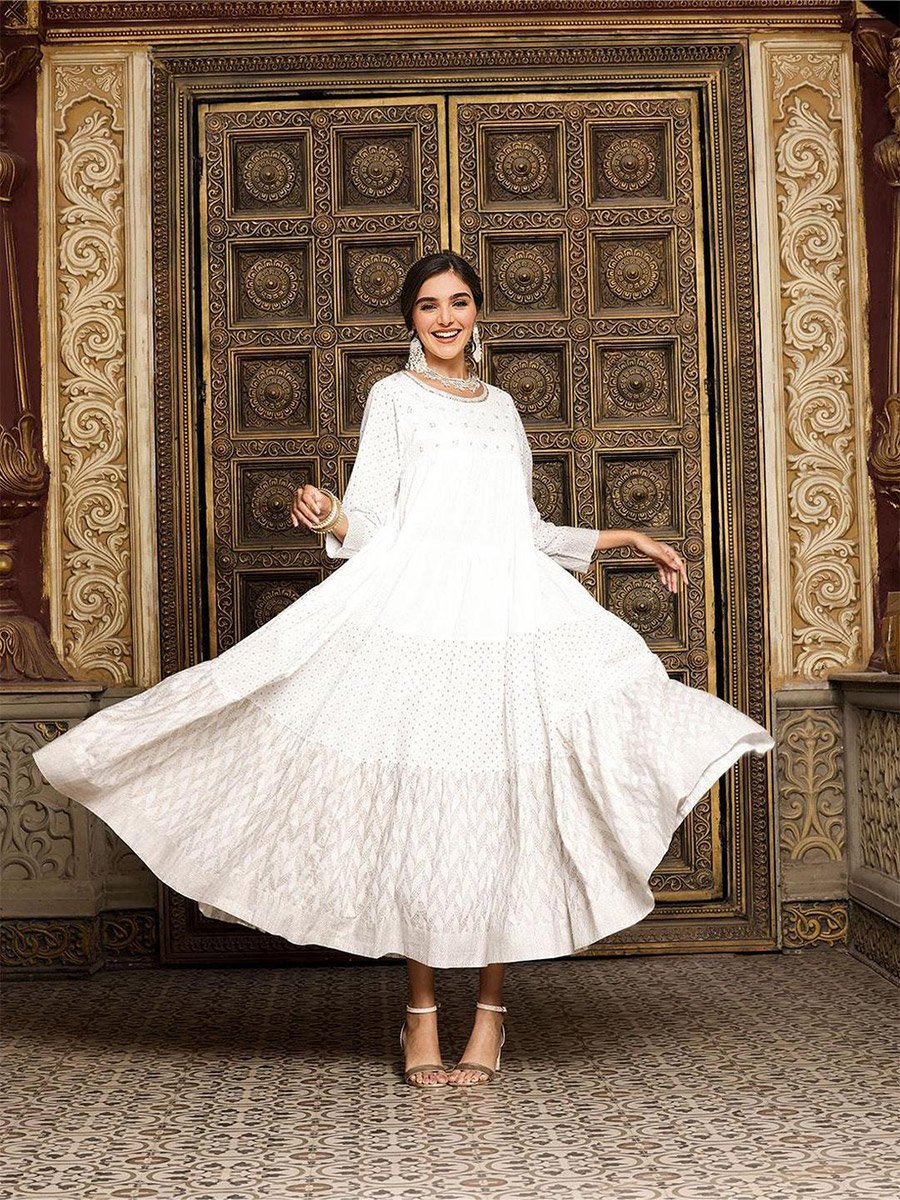Women White Self Design Cotton A-Line Midi Dress