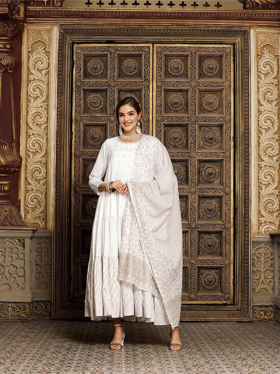 Women White Self Design Cotton A-Line Midi Dress