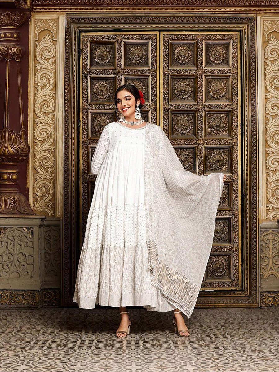 Women White Self Design Cotton A-Line Midi Dress