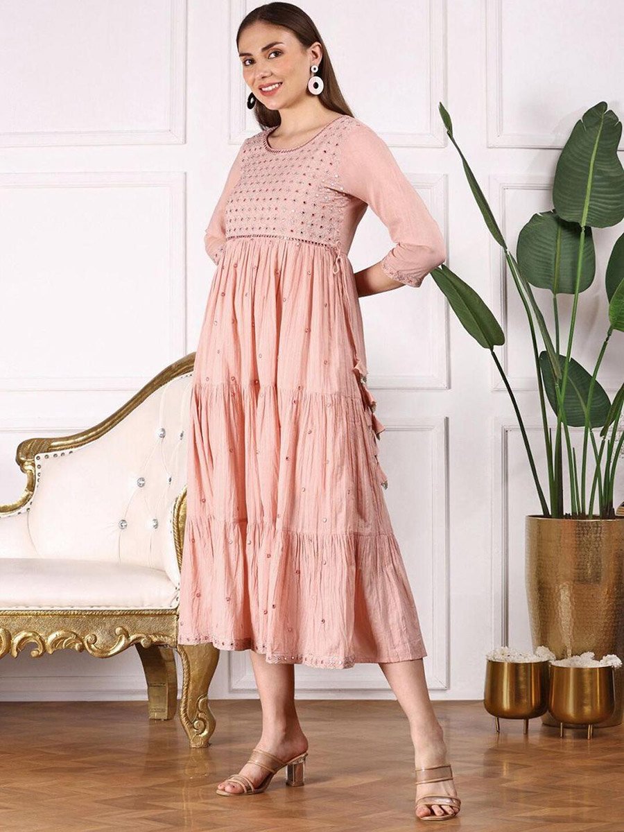 Women Peach Mirror Embroidered 3/4 Sleeve A-Line Midi Dress
