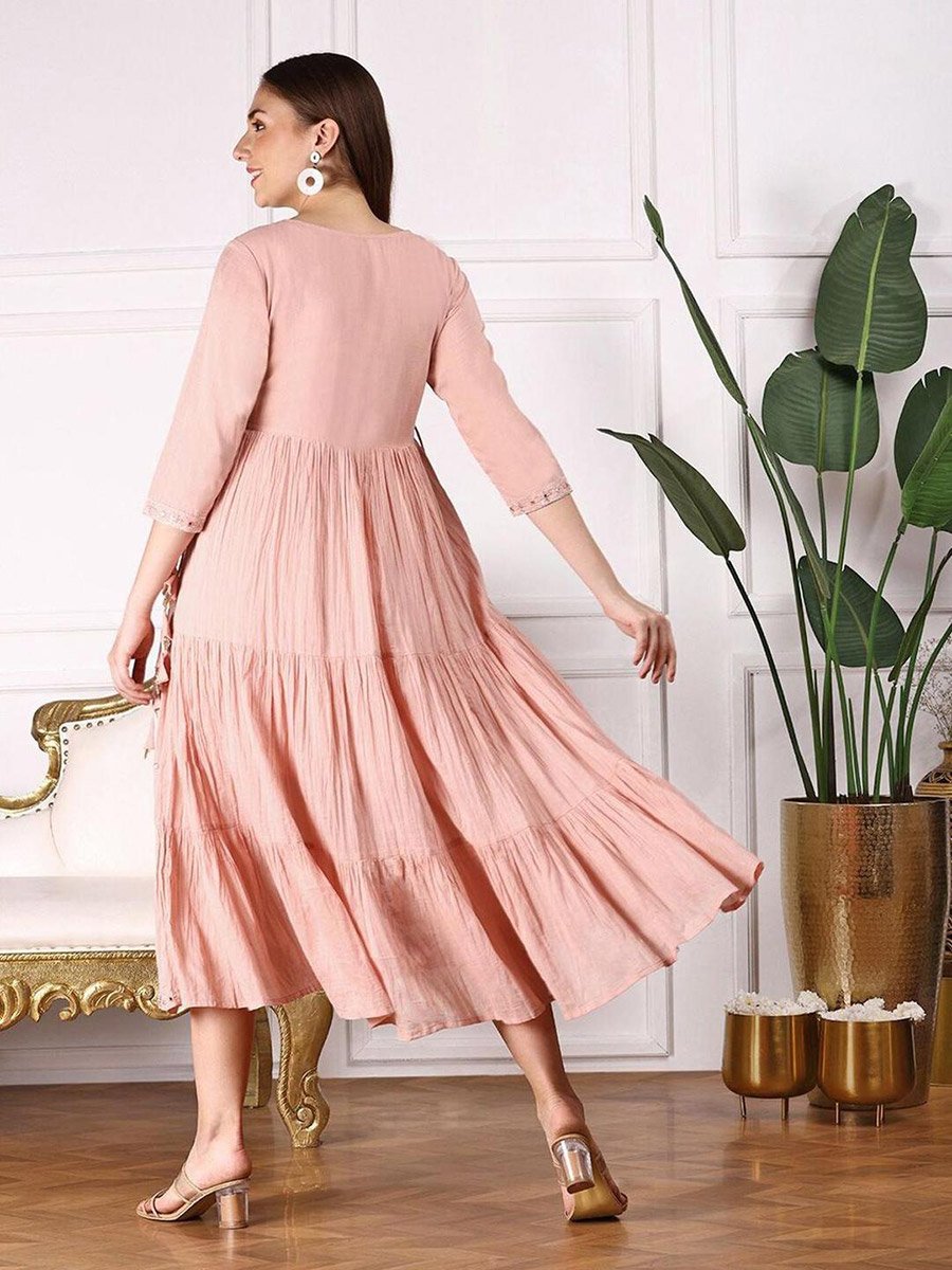 Women Peach Mirror Embroidered 3/4 Sleeve A-Line Midi Dress