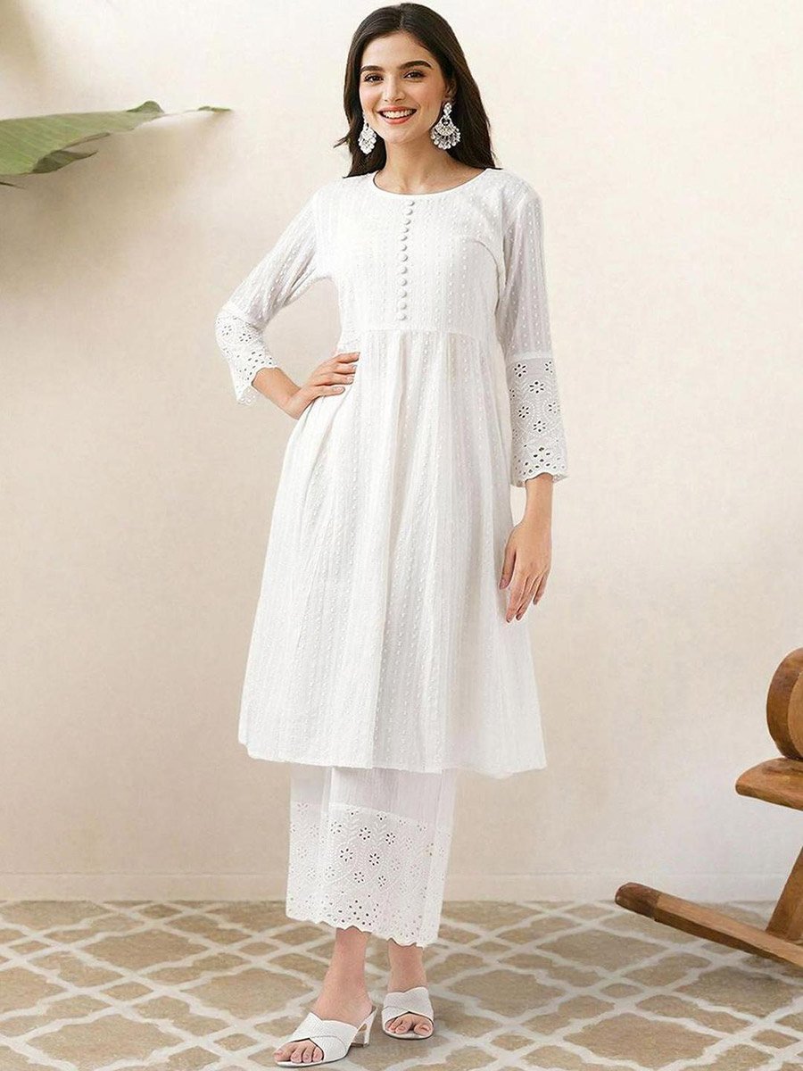 Lace Buttoned A-Line Kurta with Trousers Set