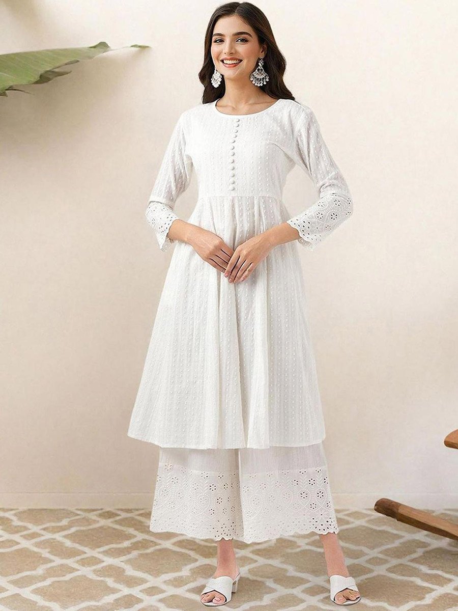 Lace Buttoned A-Line Kurta with Trousers Set