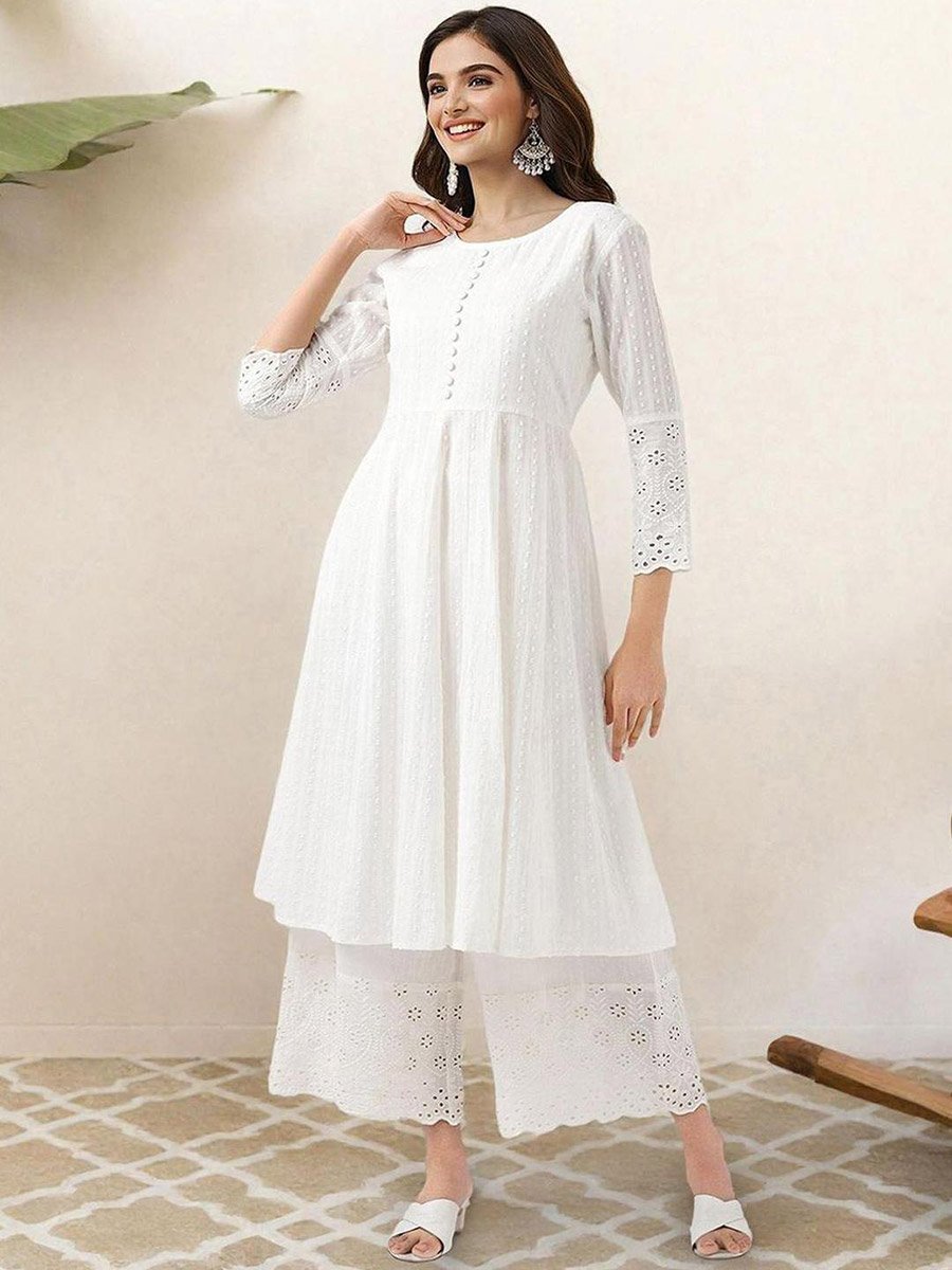 Lace Buttoned A-Line Kurta with Trousers Set