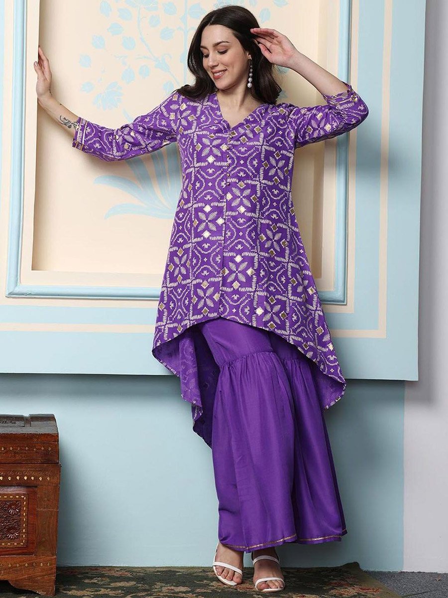 Printed V-Neck Kurta and Sharara Set