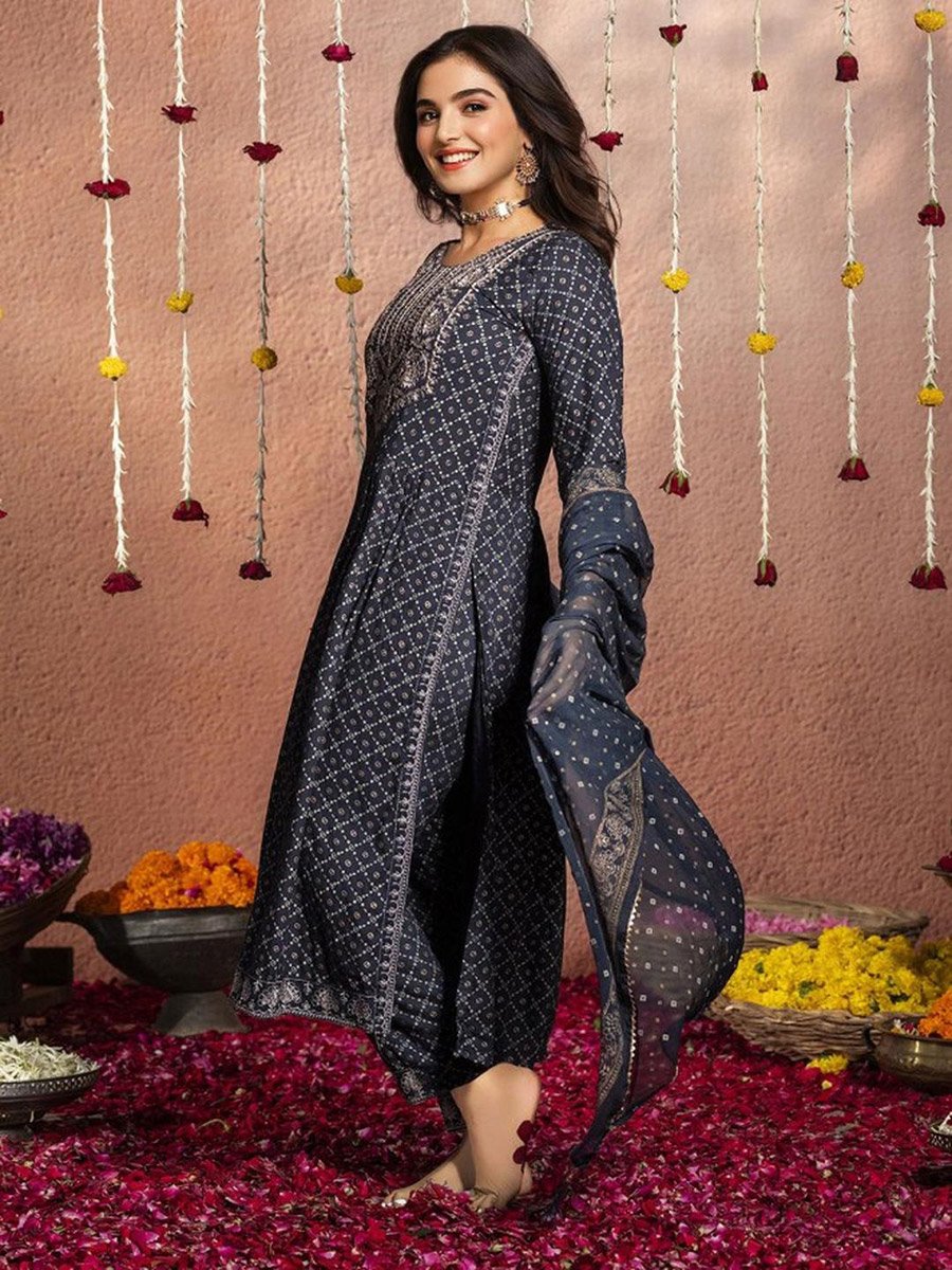 Floral Print Viscose Kurta and Trousers and Dupatta Set