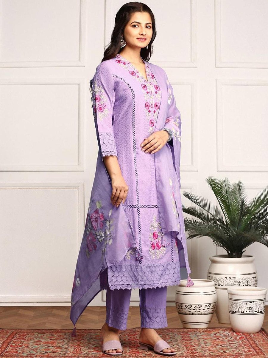 Embroidered Cotton Kurta with Trousers and Dupatta Set