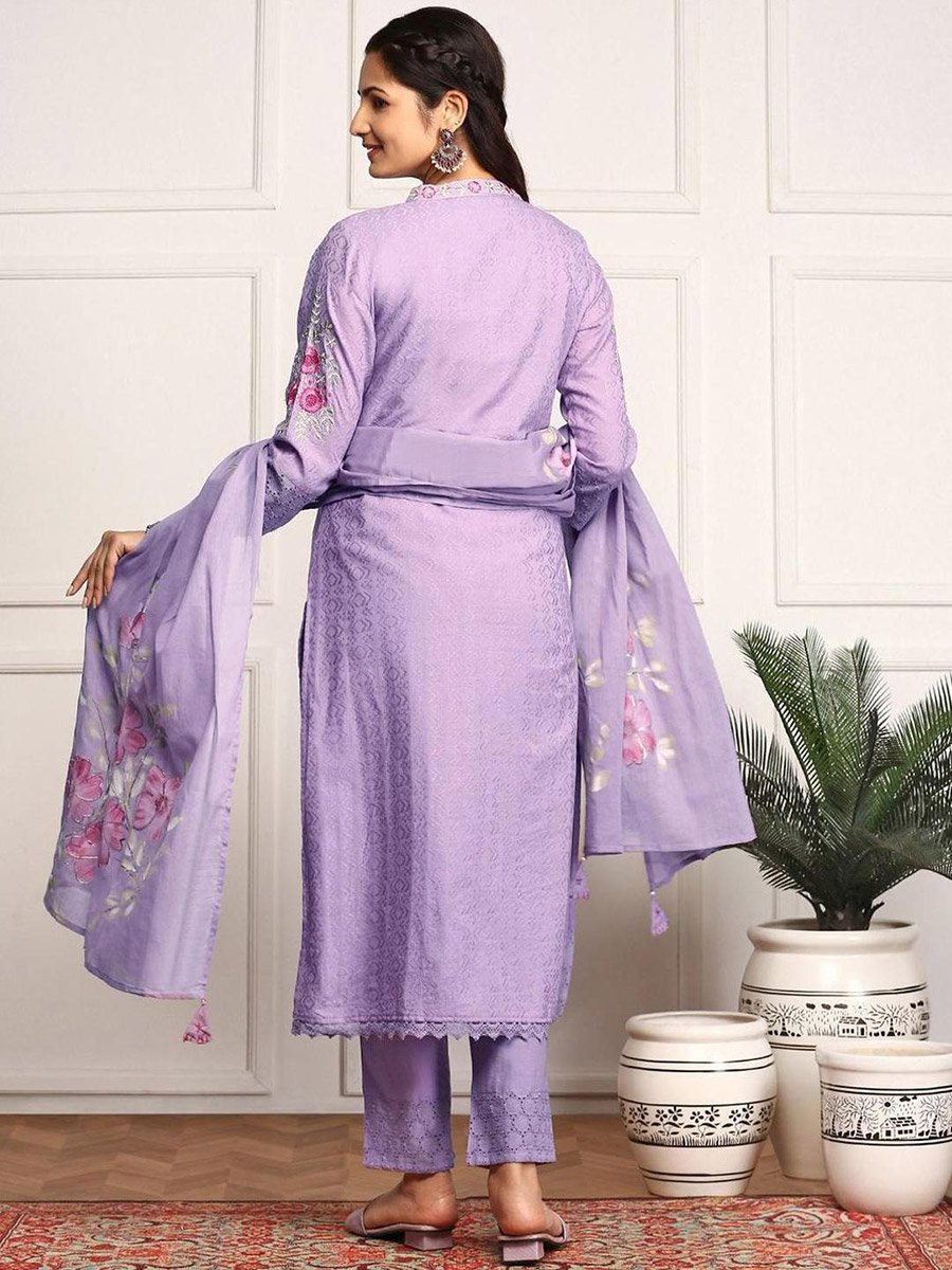 Embroidered Cotton Kurta with Trousers and Dupatta Set