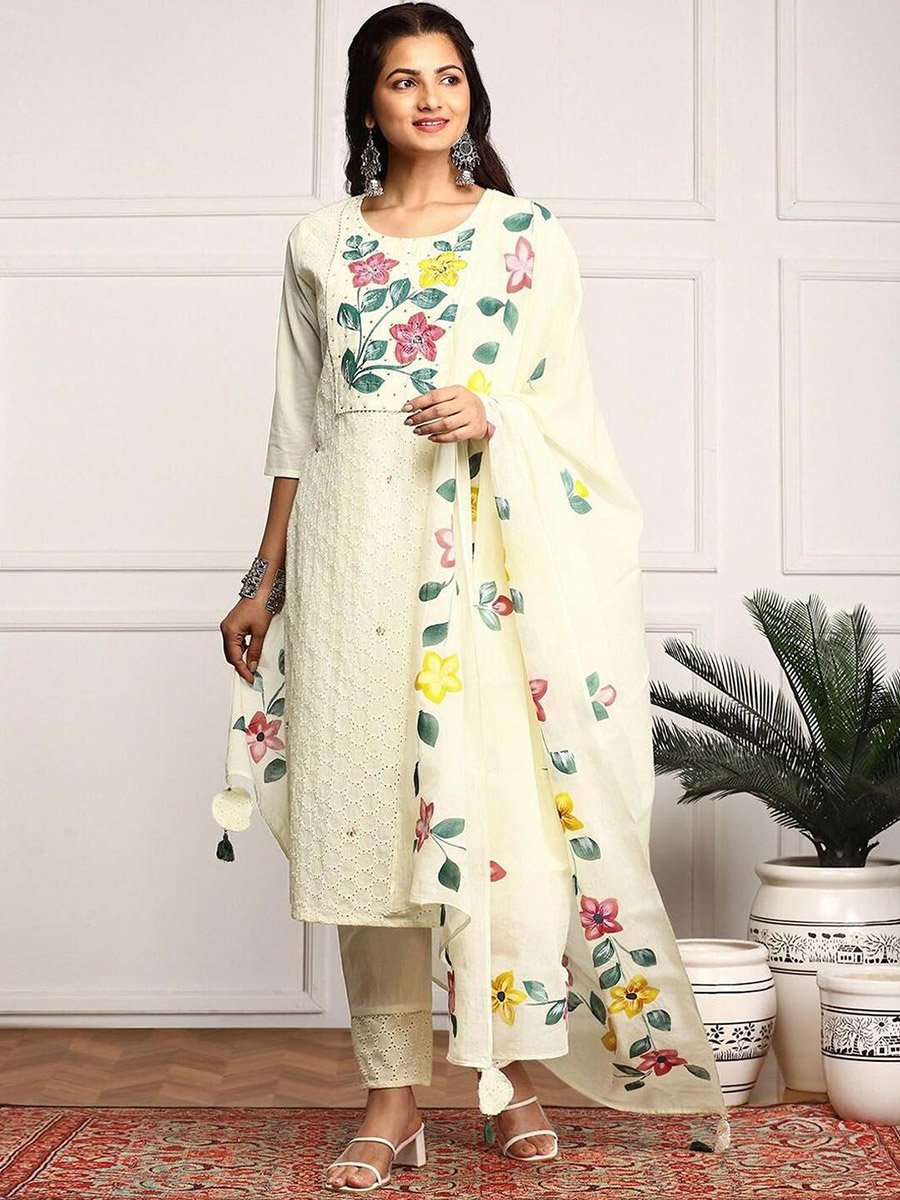 Floral Print Cotton Kurta with Trousers and Dupatta Set