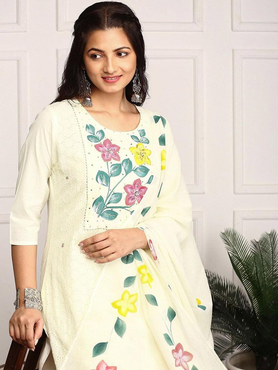 Floral Print Cotton Kurta with Trousers and Dupatta Set