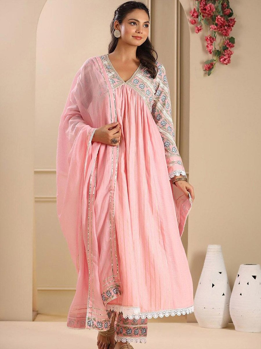 Printed V-Neck Kurta with Trousers and Dupatta Set