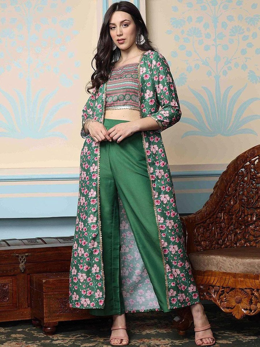 Printed Crop Top and Jacket with Trousers Set