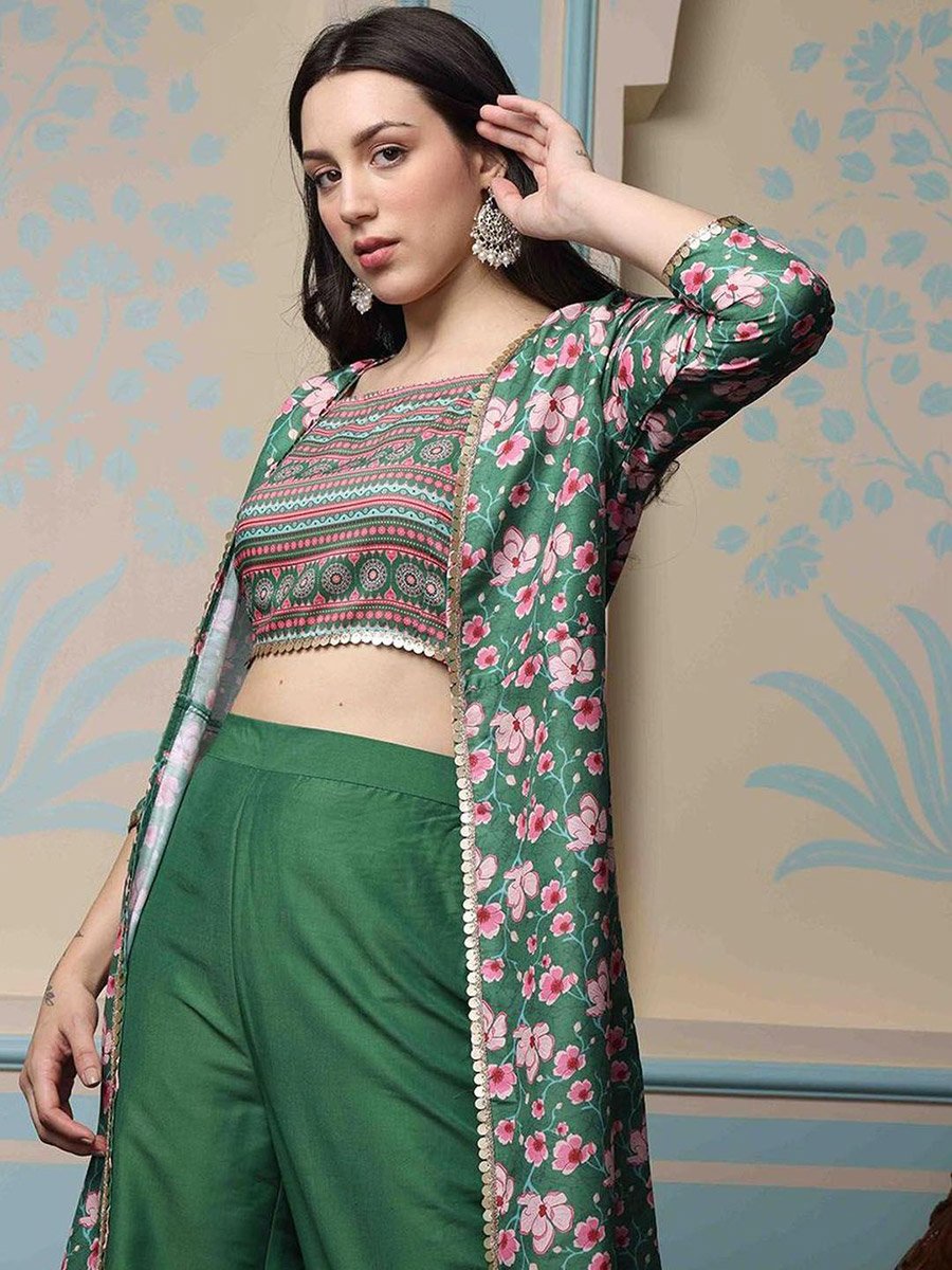 Printed Crop Top and Jacket with Trousers Set