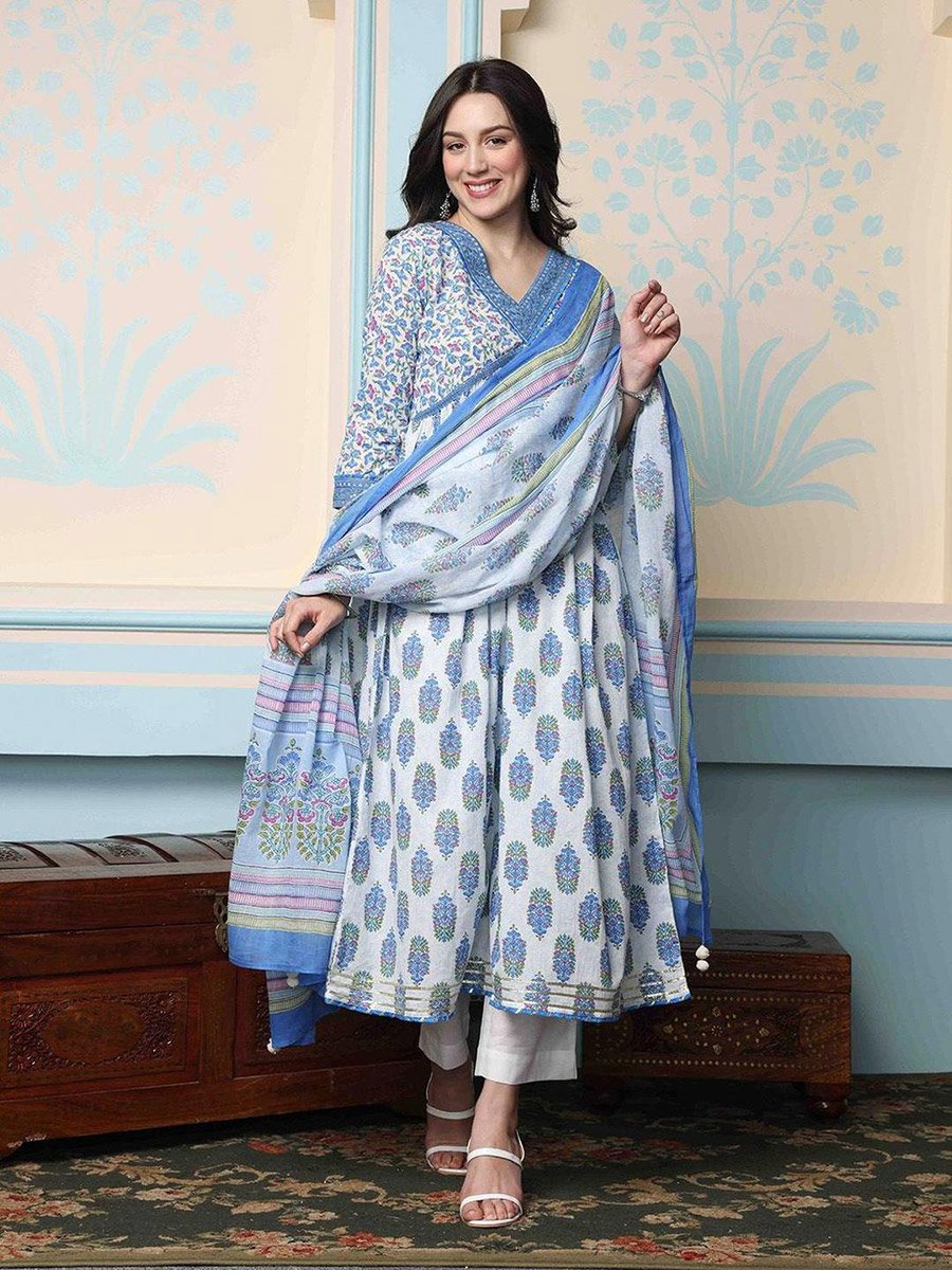Floral Print Kurta with Trousers and Dupatta Set