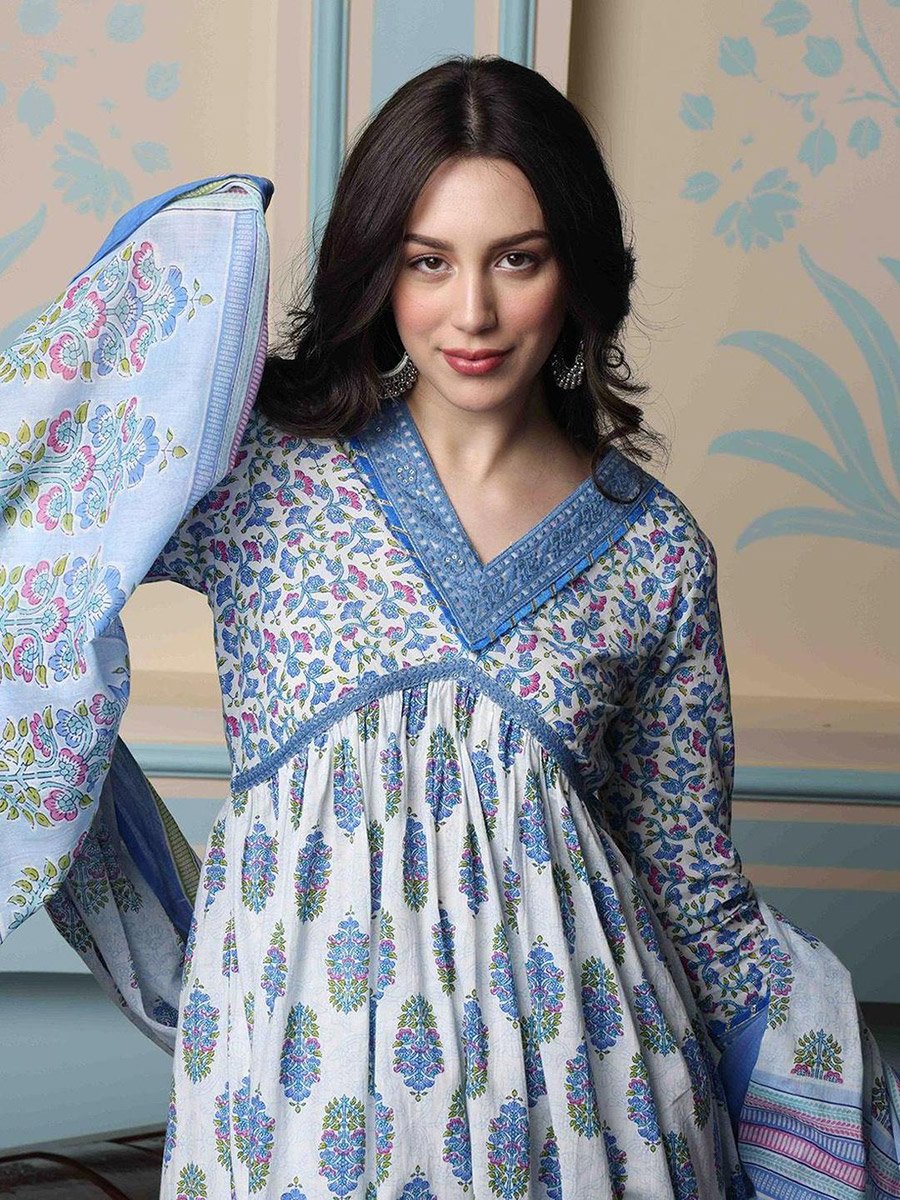 Floral Print Kurta with Trousers and Dupatta Set