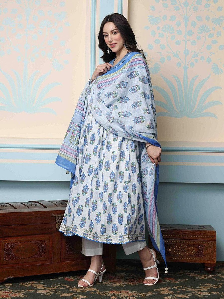 Floral Print Kurta with Trousers and Dupatta Set