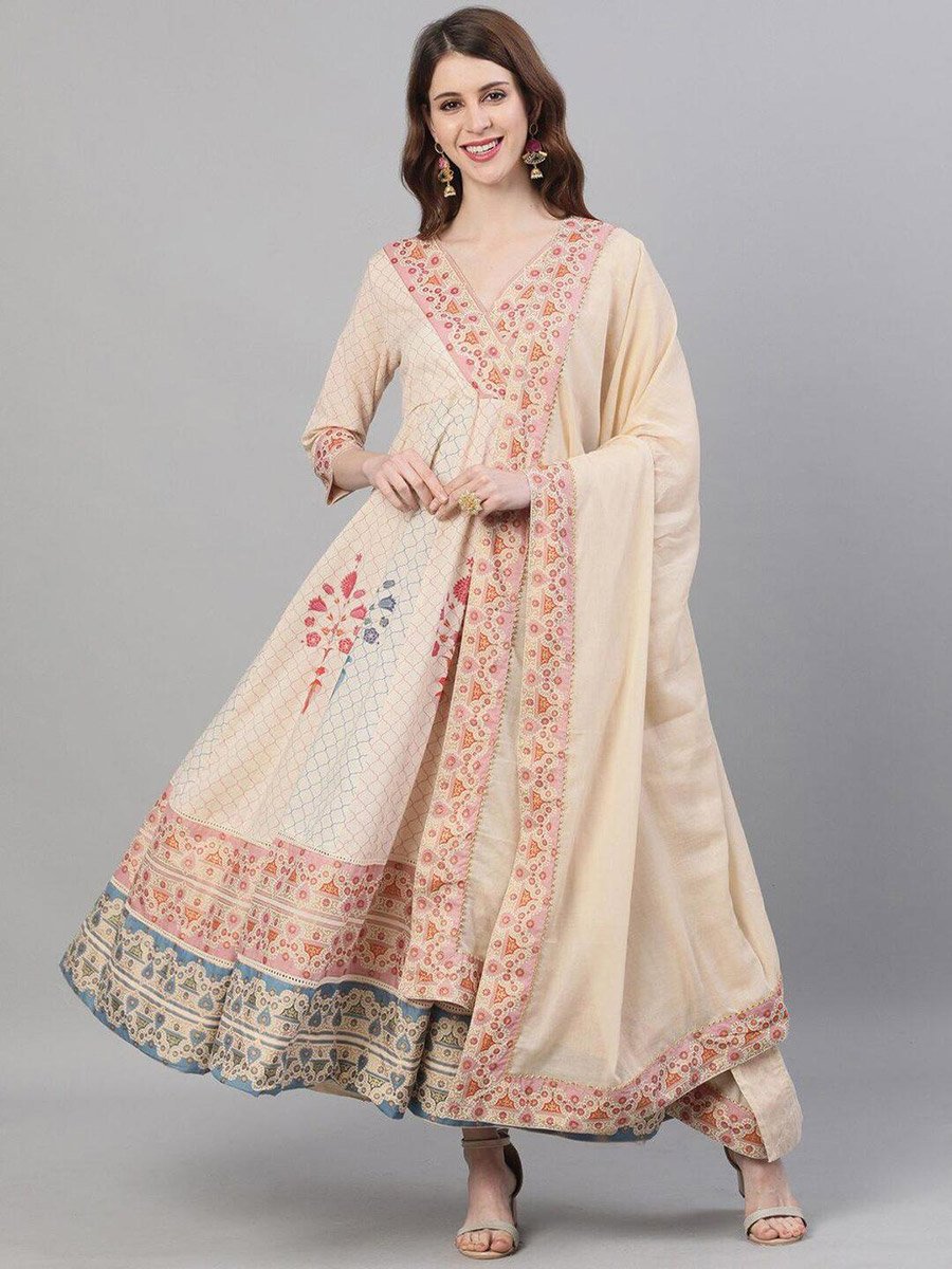 Printed V-Neck Kurta with Anarkali Dupatta Set