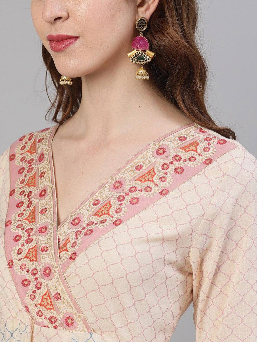 Printed V-Neck Kurta with Anarkali Dupatta Set