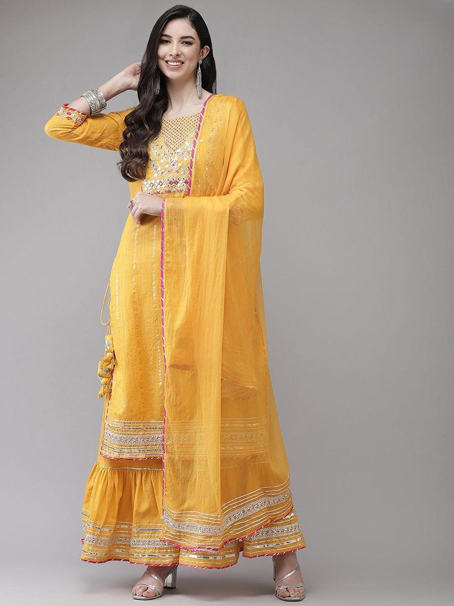 Embroidered Regular Kurta with Sharara and Dupatta Set
