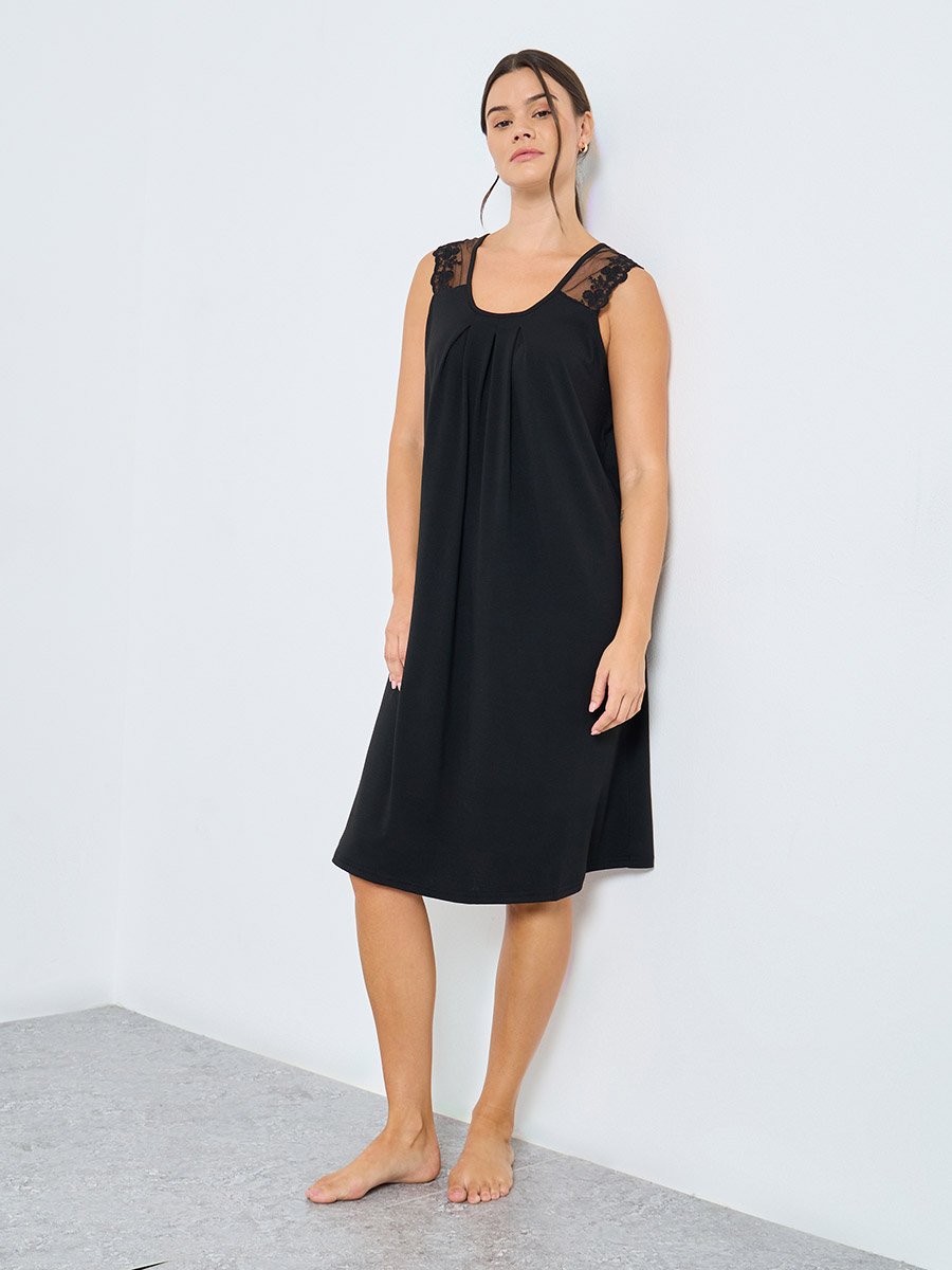 Front Pintuck Shoulder Lace Detail Slip Dress
