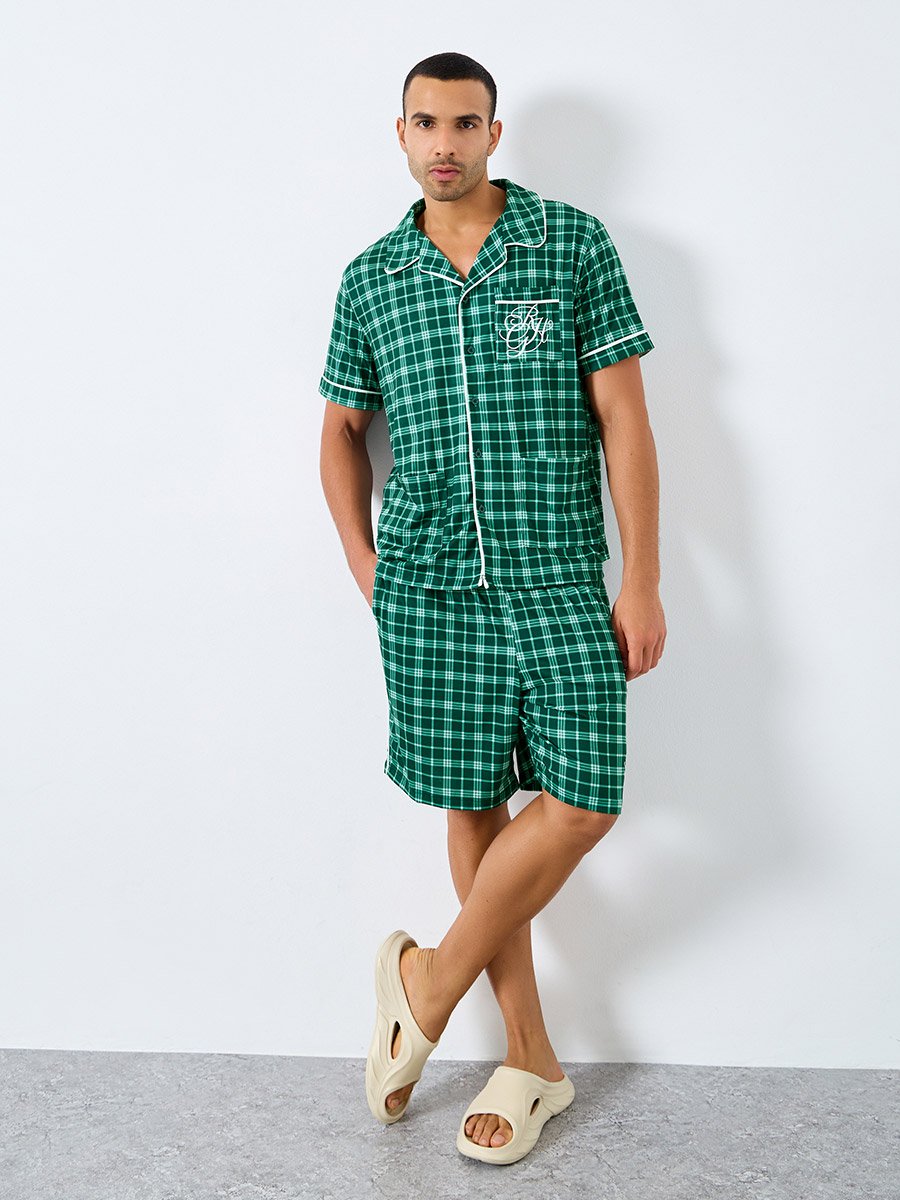 Pocket Embroidered Detail Checked Shirt and Shorts Pyjama Set