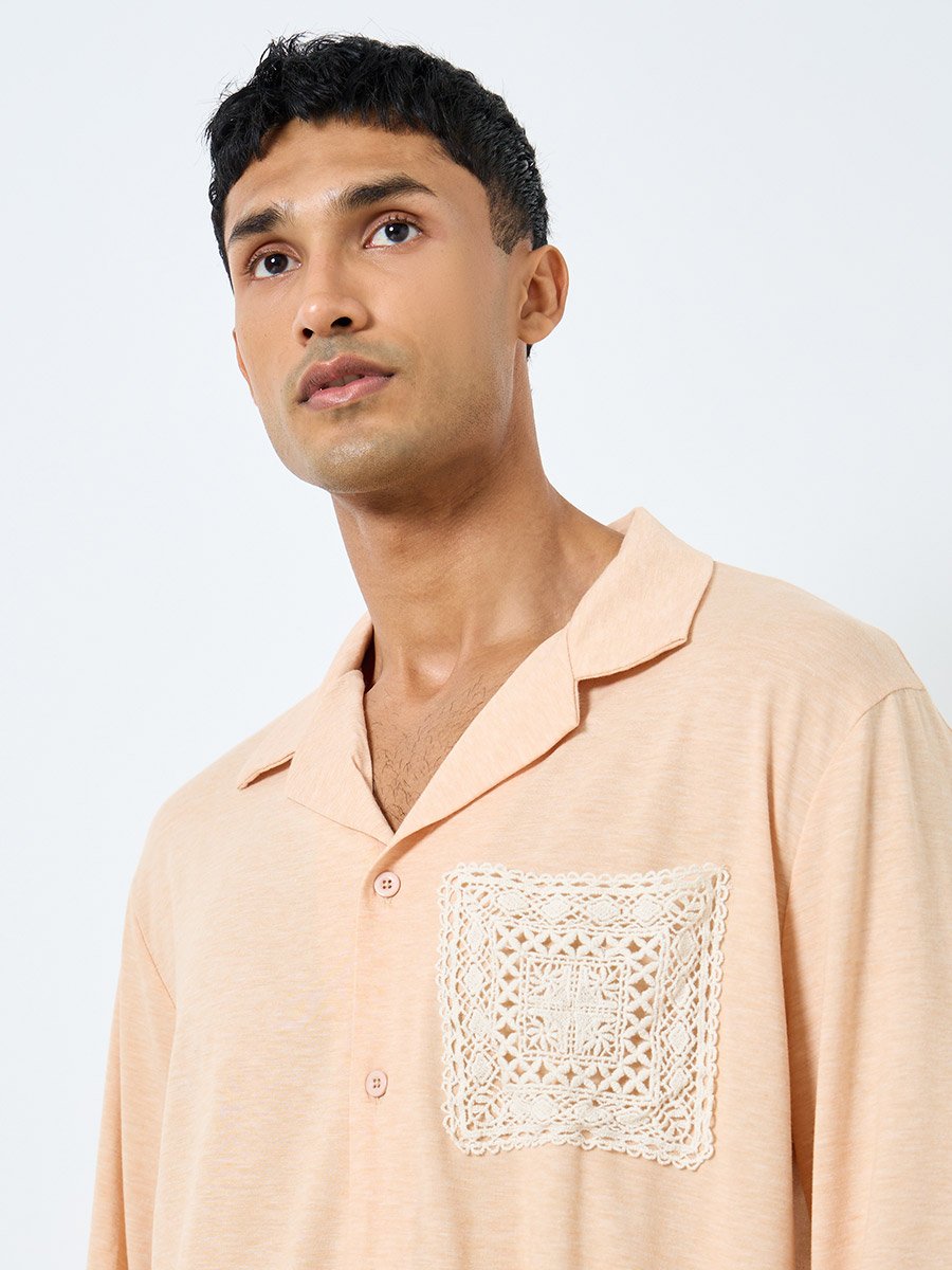 Men Lace Pocket Piping Detail Shirt and Pyjama Set