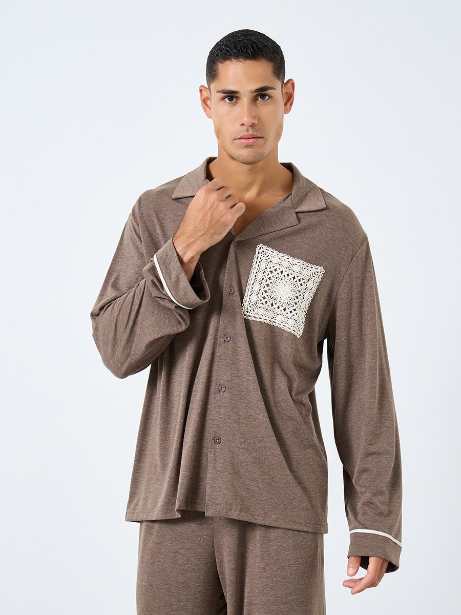 Men Lace Pocket Piping Detail Shirt and Pyjama Set