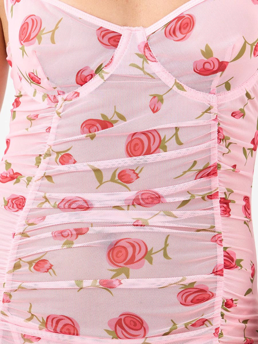 Floral Printed Ruched Wired Slip Dress and Thong Set