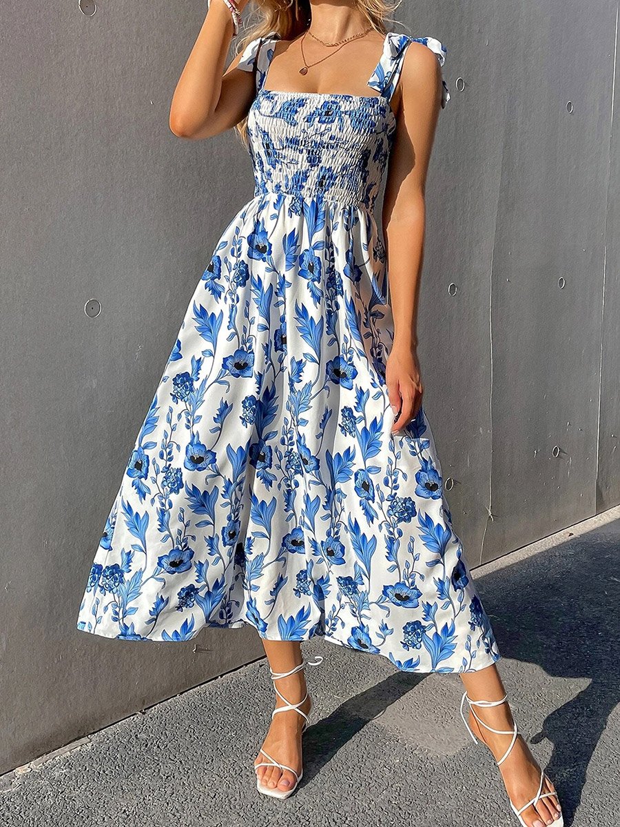 Floral Print A-Line Smocking Detail Maxi Dress