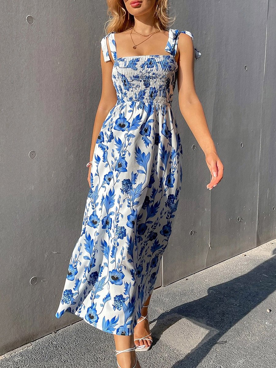 Floral Print A-Line Smocking Detail Maxi Dress