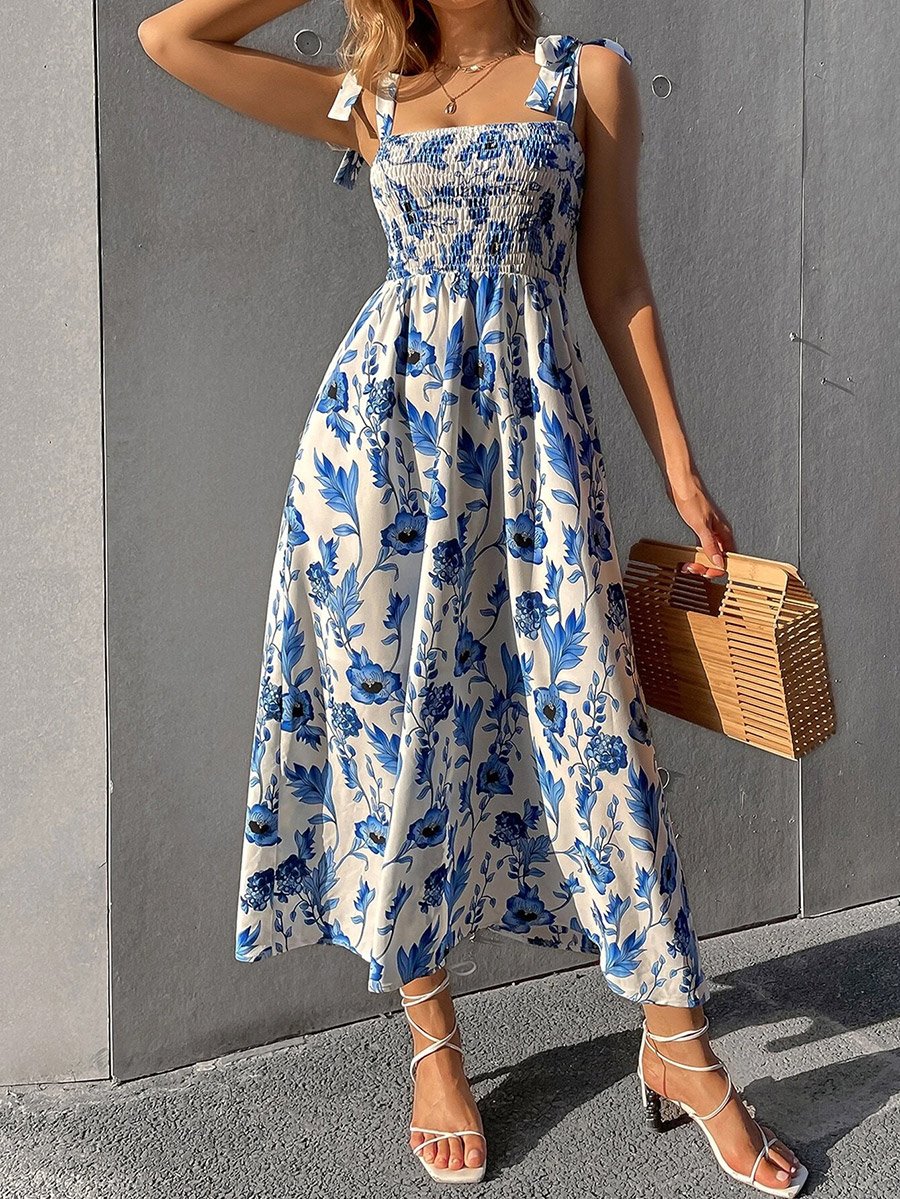 Floral Print A-Line Smocking Detail Maxi Dress