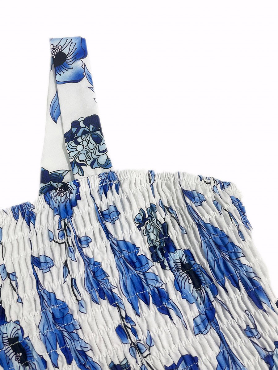 Floral Print A-Line Smocking Detail Maxi Dress