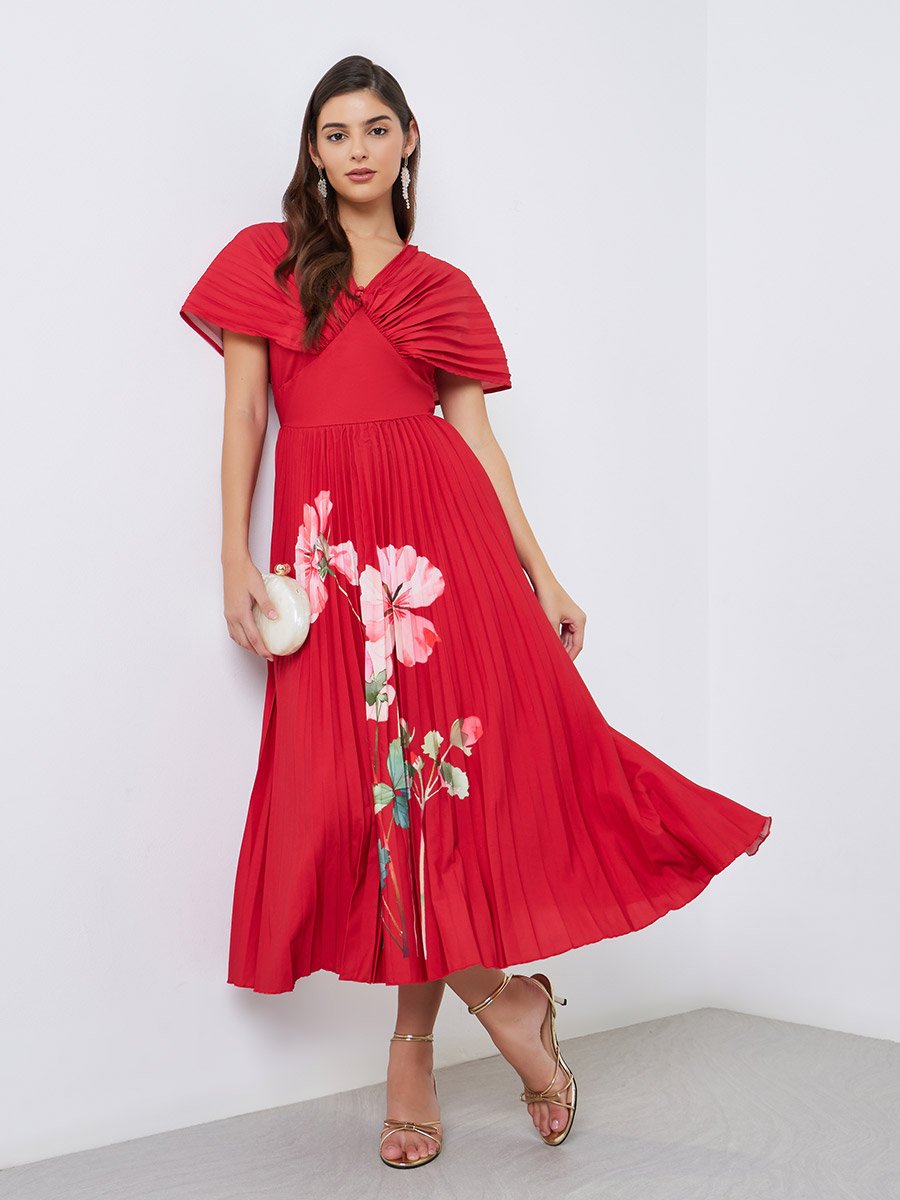 strapless open back dress Pleated Bishop Sleeve Belted Midi Dress by Badgley Mischka