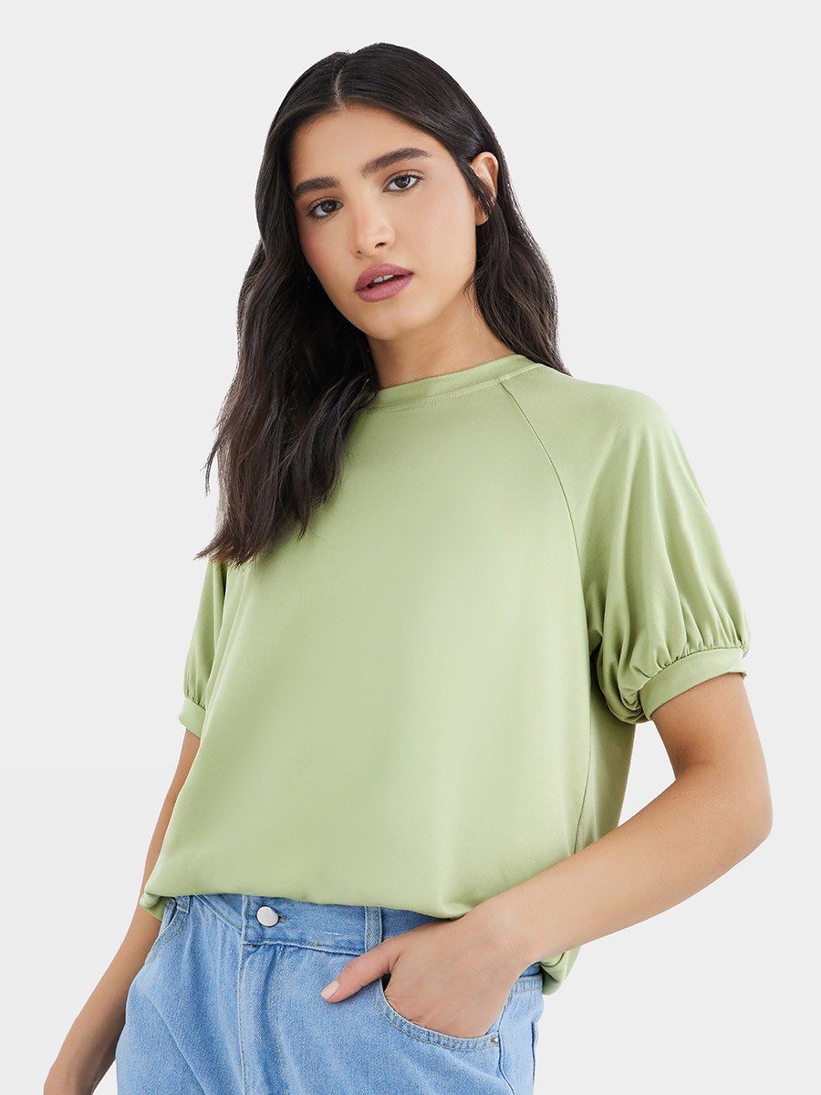 Solid Raglan Sleeve Regular Fit T-Shirt For Women at UAE | Styli