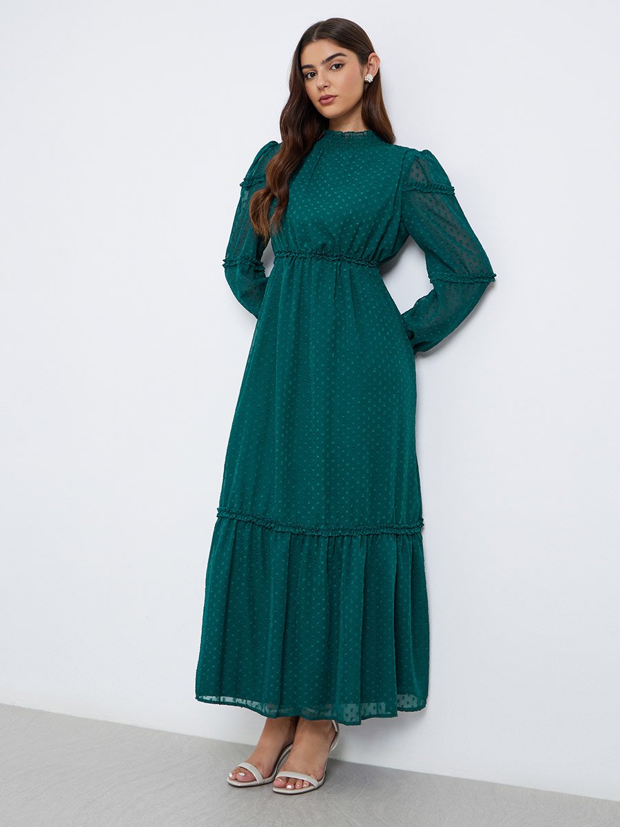 Textured Dobby Ruffled Hem Maxi Dress