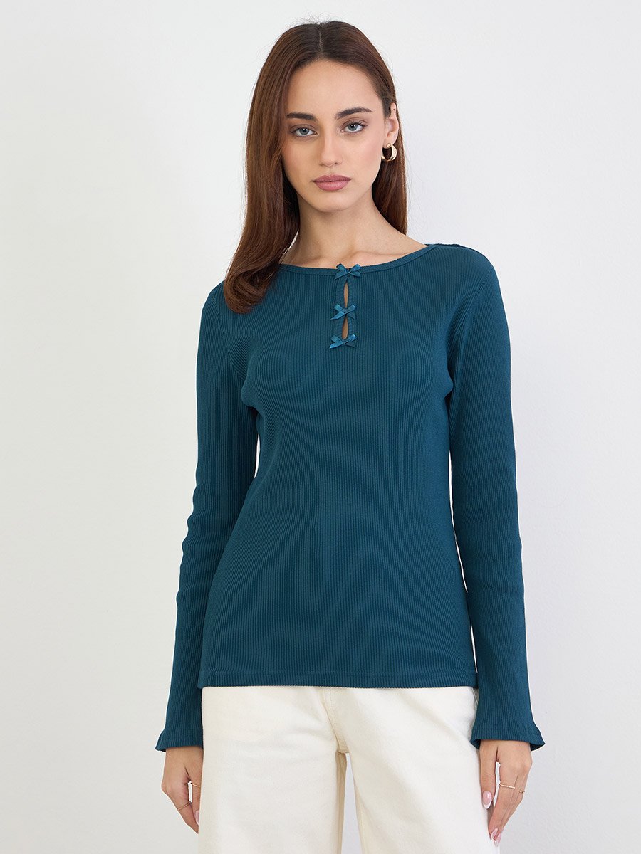 Teal Slim Fit Bow Detail Knit Top
