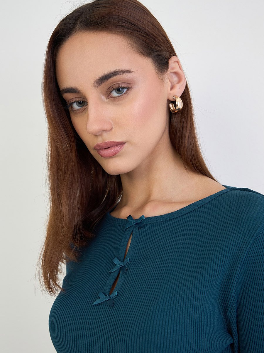 Teal Slim Fit Bow Detail Knit Top