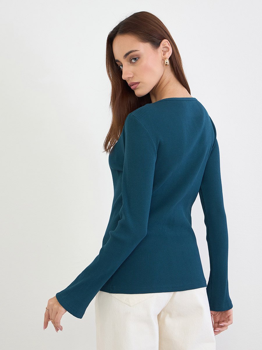 Teal Slim Fit Bow Detail Knit Top