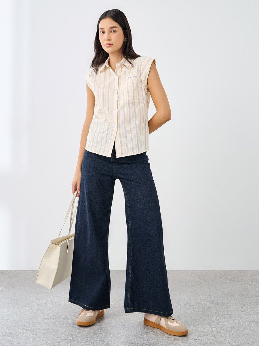 Striped Sleeveless Shirt with Spread Collar