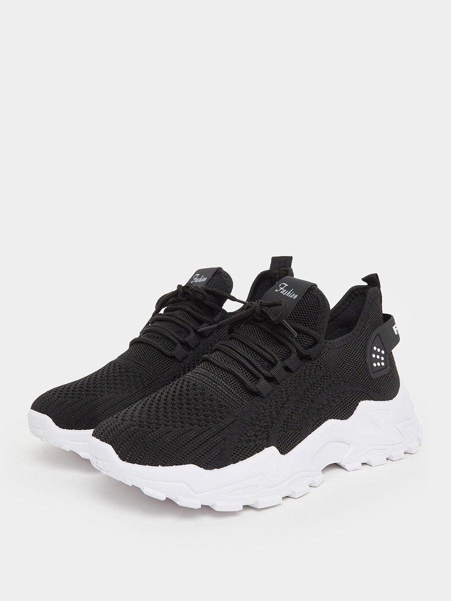 Black Texture Lace Up Chunky Sneakers