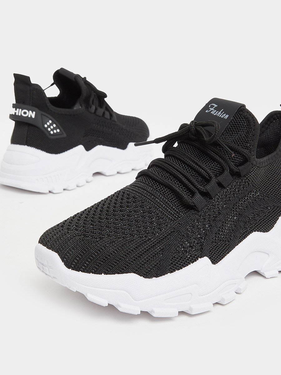 Black Texture Lace Up Chunky Sneakers