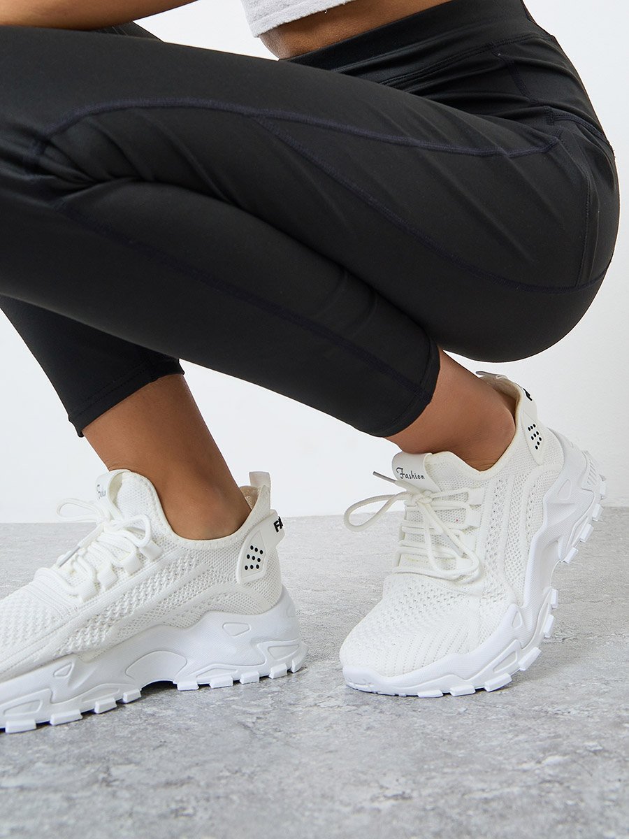 White Texture Lace Up Chunky Sneakers