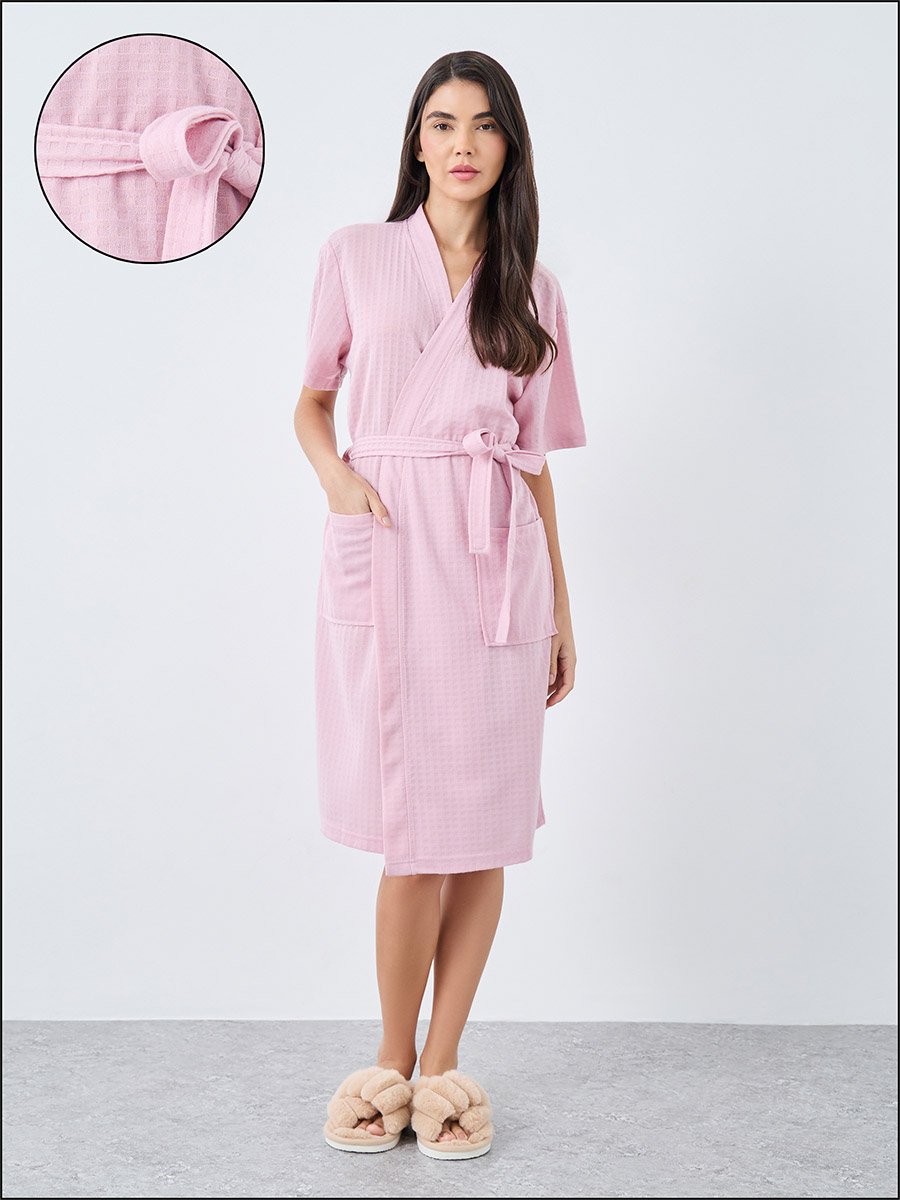 Waffle Texture Pocket Detail Short Sleeves Robe
