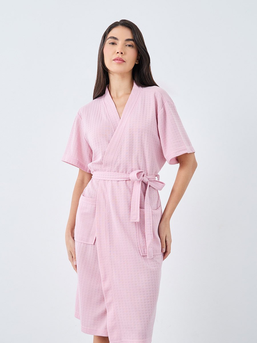 Waffle Texture Pocket Detail Short Sleeves Robe